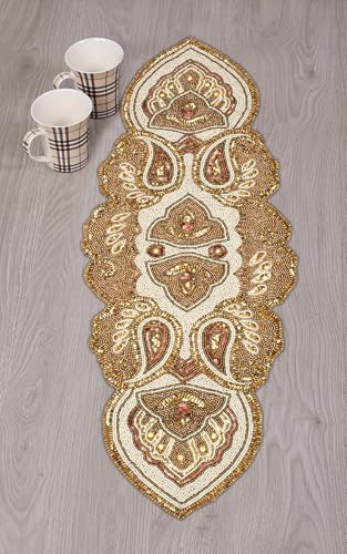 Lightnpro Beaded Christmas Table Runner, Fancy Handmade Decorative Embroidery Gold Runner for Christmas Xmas New Year Family Party Decoration - 13x36 Paisley Design