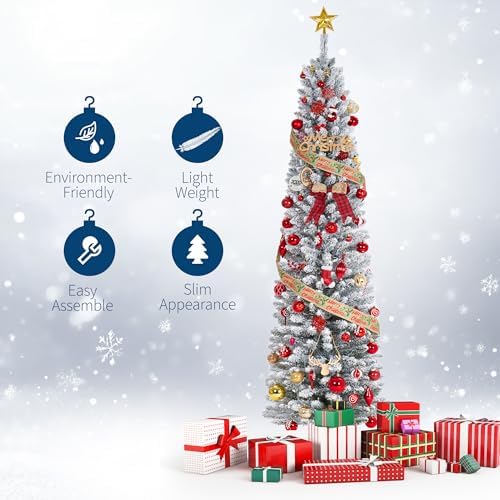 6Ft Pre-Lit Snow Flocked Pencil Christmas Tree, Fir Hinged Slim Skinny Corner Xmas Tree with 120 Incandescent Warm White Lights & Snow Branch Tips, White