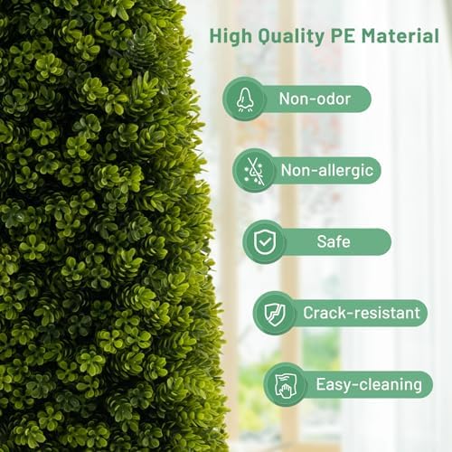 GOFLAME 3FT Artificial Boxwood Topiary Tree, Faux Boxwood Tree with Cement-Filled Pot, Fake Potted Bushes and Shrubs for Indoor & Outdoor Porch Garden Patio, No Maintenance Needed