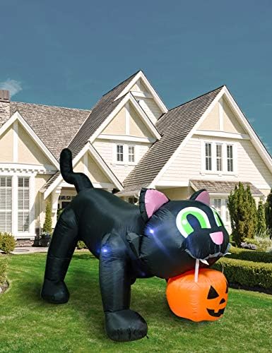 AJY 8FT Halloween Inflatable Giant Black Cat & Pumpkin with LEDs