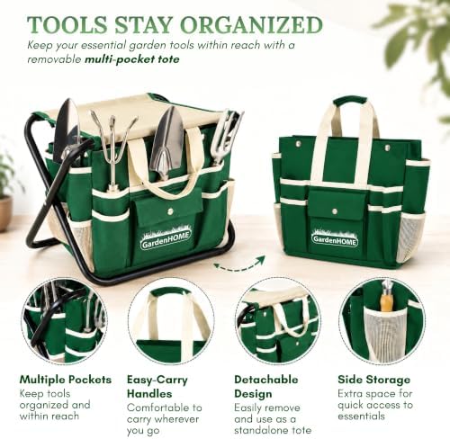 GardenHOME 7-Piece Garden Tool Set with Folding Stool & Storage Tote