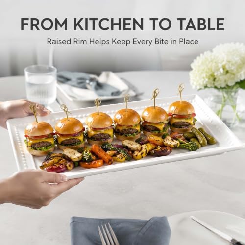 14 inch Ceramic Serving Platter - Rectangular Serving Trays Set of 4, Large Embossed Plates, Porcelain White Platters for Steak, Appetizer, Dessert, Tacos, Housewarming, Oven Dishwasher Safe