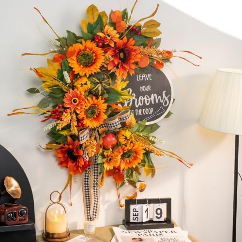 Fall Wreaths for Front Door 24 Inch Outside, Autumn Rustic Sunflower Wreath
