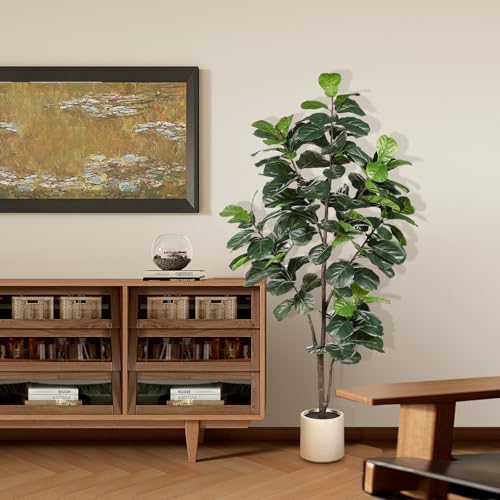 LYERSE Fiddle Leaf Fig Tree Artificial 6ft with Sturdy White Planter