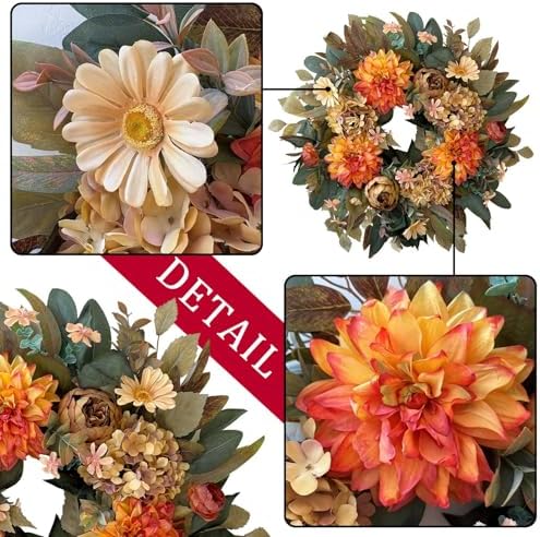 WANNA-CUL 24in Fall Front Door Wreath Dahlia Hydrangea Peony Table Decor
