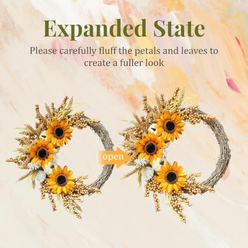 20 Inch Sunflower Fall Wreath for Front Door with White Pumpkin and Berries