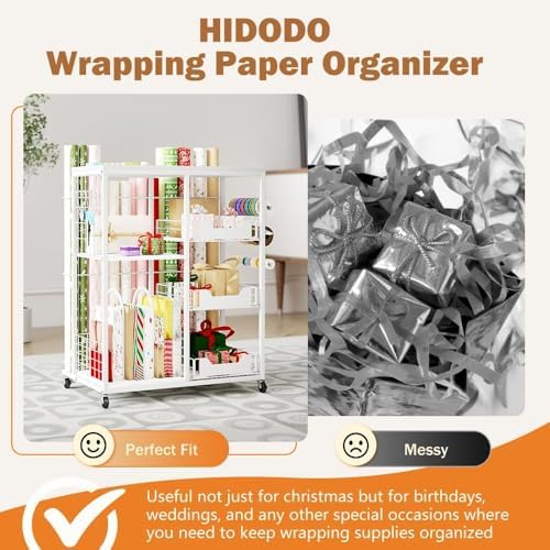 Wrapping Paper Organizer Storage with Wheels, Rolling Gift Wrap Cart with Ribbon and Gift Bag Storage, Craft Organization with 20 Roll Holders and 3 Drawers, White