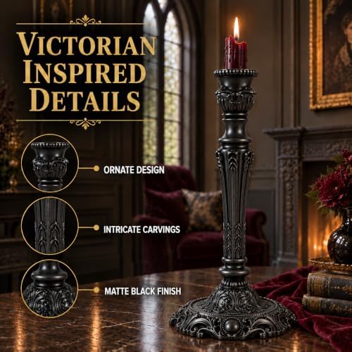 Gothic Victorian Candlesticks Set of 2, Black Metal Taper Candle Holders