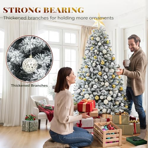 YITAHOME Prelit Snow Flocked Artificial Full Christmas Tree 6ft with Remote Control, Christmas Pine Tree with 11 Light-Modes, 1000 Branch Tips, Foldable Base for Home, Party Decoration