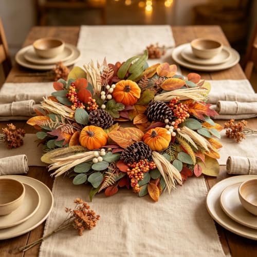 26 Inch Fall Wreaths for Front Door, Autumn Harvest Wreath, Large Autumn Wreath with Pumpkin, Pinecones and Berries, Fall Wreath for Thanksgiving & Harvest Fall Door Decor