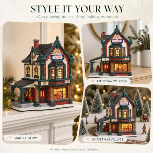 MUMTOP Ceramic Christmas Village Houses,Lighted Gift Shop Gingerbread House