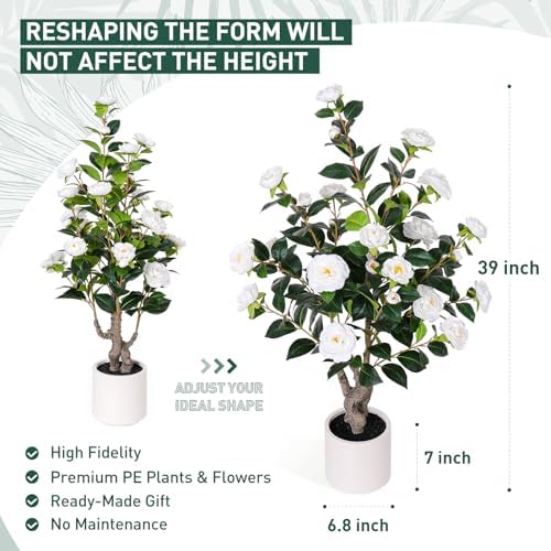 Yepdin 2 pcs Pack Artificial Camellia Tree with White Planter - 39 inch Tall Fake Tree,3.2 Ft Artificial Plants Indoor & Outdoor Housewarming Gift