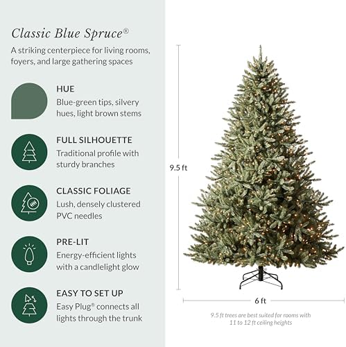 Balsam Hill 9.5ft Pre-Lit Classic Blue Spruce - Artificial Christmas Tree with 5,248+ Tips, 1600 Hand-Strung Clear LED Lights, Easy Plug System & Premium Stand for Indoor Holiday Decorating