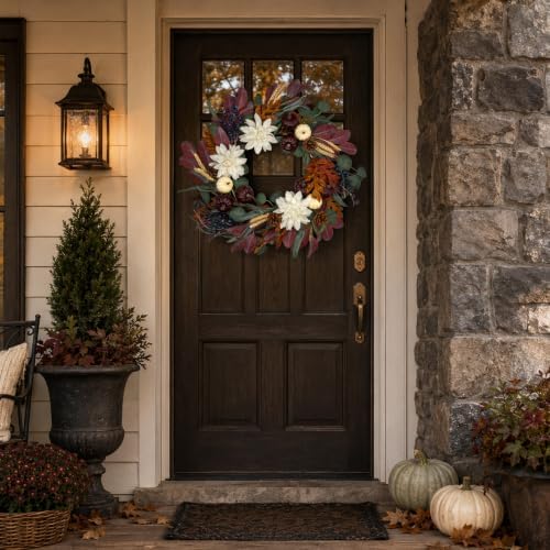 24 Inch Fall Wreath for Front Door, Autumn Wreath for Door Decoration