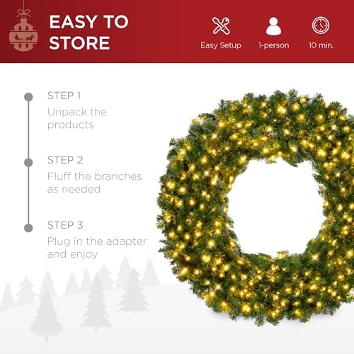 Best Choice Products 30in Large Artificial Pre-Lit Fir Christmas Wreath Holiday Accent Decoration w/ 100 LED Lights, 220 PVC Tips