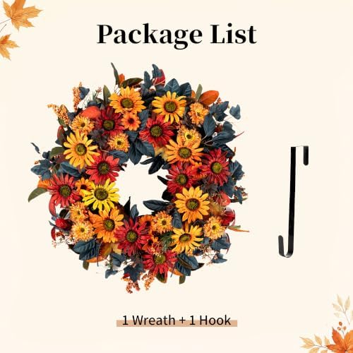 BLOSMON 24in Fall Wreaths for Front Door, Sunflower Fall Wreath with Hanger