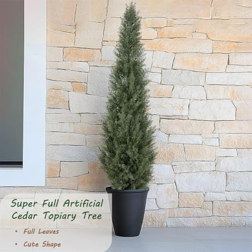 Bellacat 5ft UV Resistant Artificial Topiary Trees Outdoor, 60in Faux Cedar Tree with Full & Realistic Leaves, Fake Cypress Tree for Front Door Proch Patio Deck Balcony Yard Decor 2Pack
