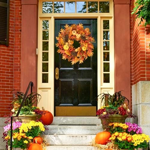 24 Inch Fall Wreath for Front Door, Pumpkin Berry Maple Leaf Autumn Decor