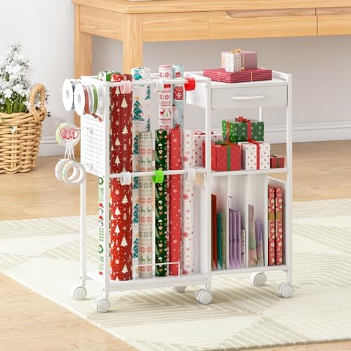 Wrapping Paper Storage Cart, Rolling Gift Wrap Station with Drawer & Hooks