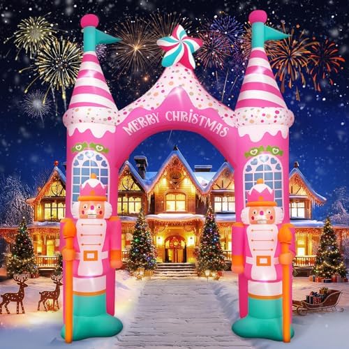 Evoio 12 FT Giant Christmas Archway Inflatables Nutcracker with LED Lights, Pink Xmas Arch Inflatable Stereoscopic Blow up Christmas Outdoor Decorations for Front Yard, Driveway, Lawn, Garden, Square