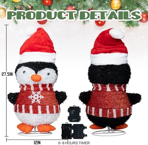 MUMTOP Lighted Christmas Penguin Decoration with Santa Hat Pop Up Ornament