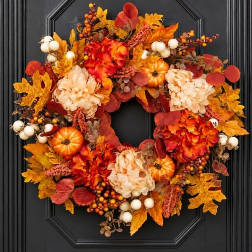 24 Inch Fall Wreath for Front Door, Artificial Autumn Leaves with Pumpkins