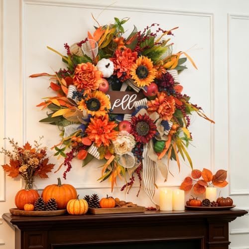 Fall Wreaths for Front Door 24 Inch Autumn Harvest Sunflower Apple Wreath