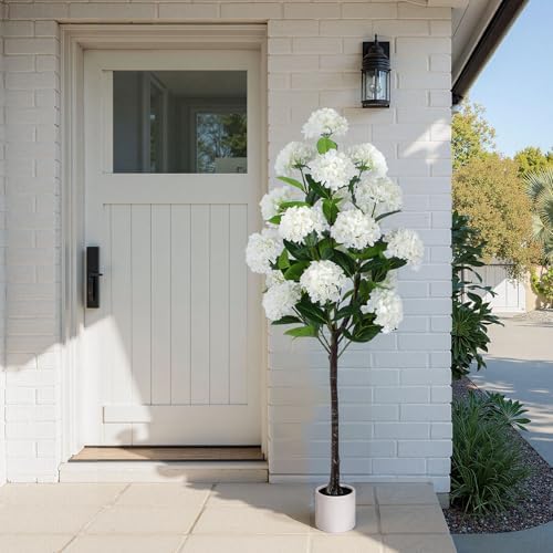 YEPDIN 6 FT Artificial Hydrangea Tree- Large Faux Hydrangea Plants Indoor Outdoor，Fake Flower Trees with White Tall Planter for Home Garden,Front Decor