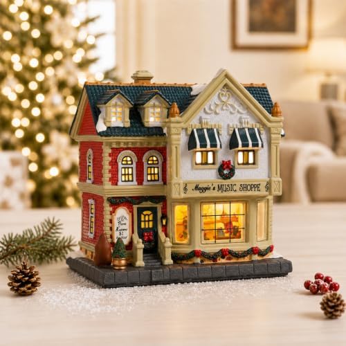 MUMTOP Ceramic Christmas Village Houses, Lighted Music Shoppe Village House