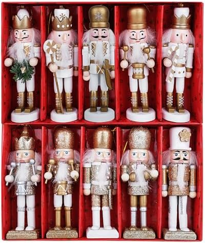 10Pcs Nutcracker Christmas Decor Nutcracker Ornaments for Christmas Tree Wooden Nutcracker Hanging Decorations Gold and Silver Nutcracker Soldiers Glittered Nutcracker Figures 5.2” Xmas Ornament Set