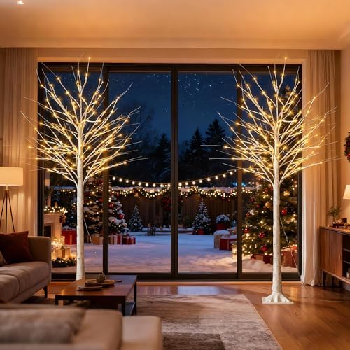 6FT White Birch Tree with Lights,Lighted Birch Tree for Holiday Decor,2PCS