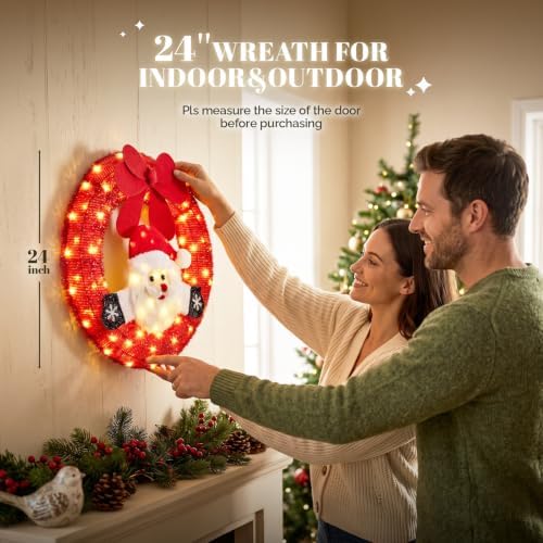 VINGLI 24 Inch Lighted Christmas Wreath with Swinging Figure Santa, Plug-in