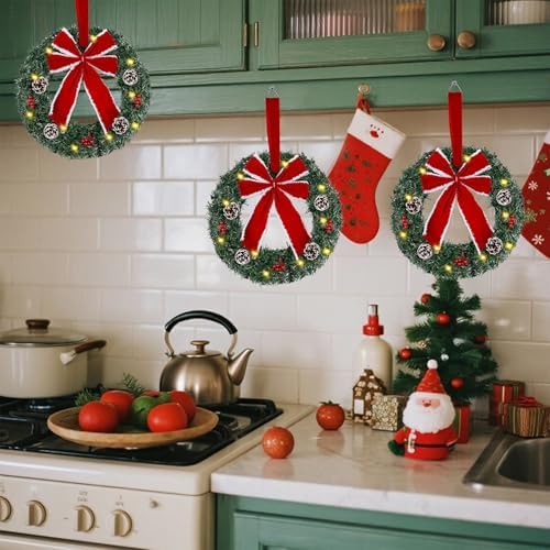 Hausse Set of 3 Christmas Wreaths, Lighted Artificial Christmas Wreath with Large Red Bow & Ornaments, Battery Operated with LED Lights, for Front Door Gate Wall Christmas Party Decorations