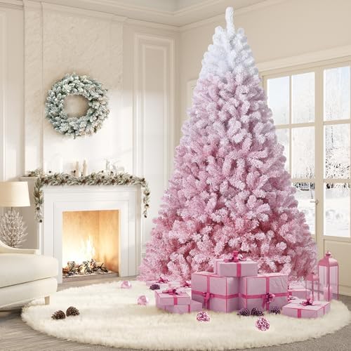 Garvee 6 ft Pre-lit Artificial Christmas Tree with 250 Warm White LED Lights, Snow Flocked Christmas Tree with 750 Branch Tips & Metal Stand, Indoor Outdoor Xmas Decoration, Pink Gradient
