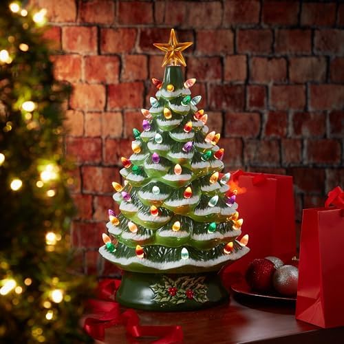 Casafield Hand Painted Ceramic Christmas Tree, Green Snow Flocked 24-Inch Pre-Lit Tree with 148 Multi Color Lights and 2 Star Toppers
