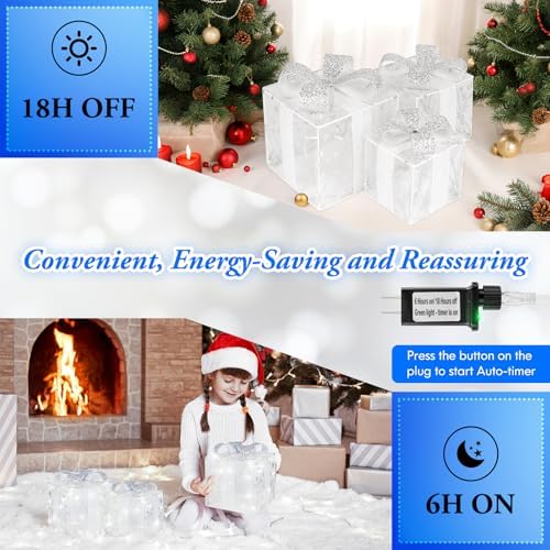 Towponics Set of 3 Christmas Lighted Gift Boxes, Outdoor Christmas Decorations with 60 LED Cool White Mini String Lights, Present Boxes with Bows and Snowflake Design for Xmas Tree Porch Mantel Decor
