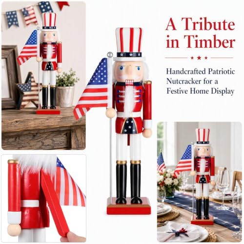 Cabilock Classic Nutcracker Soldier Figurine 38cm Wooden Patriotic Nutcracker with USA Flag for Christmas Table and Shelf Décor
