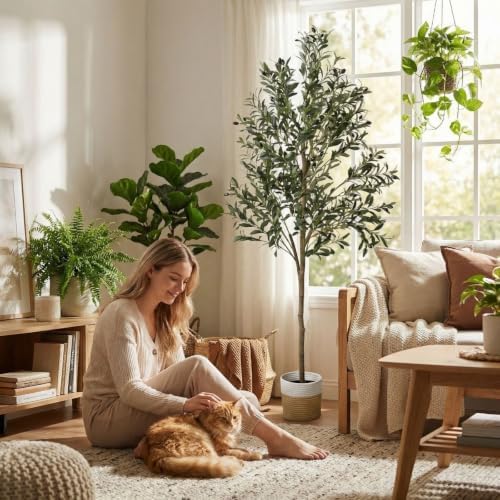 Artificial Olive Tree, 6ft Faux Tree with Woven Basket for Home Decor