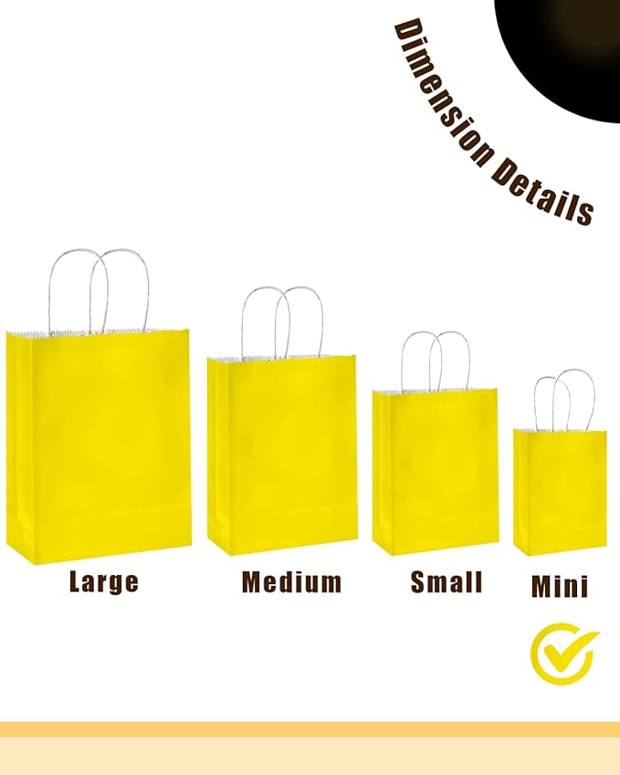 qiqee 50-Packs Bright Yellow Paper Gift Bags with Handles Bulk 4.5"x2.5"x6" Mini Size Party Favor Bags Multiple Uses
