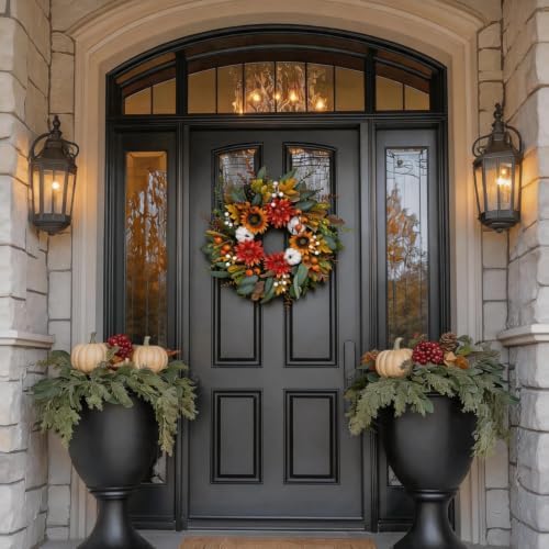 24 Inch Fall Eucalyptus Wreath for Front Door with Dahlia & Sunflower