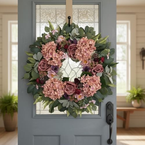 WANNA-CUL 24 Inch Pink Hydrangea Spring Wreath for Front Door