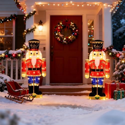 Hausse Lighted Christmas Outdoor Decor, 37.5" Height Pre-Lit 3D Tinsel Xmas Nutcracker Soldier Figure, Light Up Xmas Yard Displays, Plug in for Holiday Party New Year Winter Patio Lawn Garden