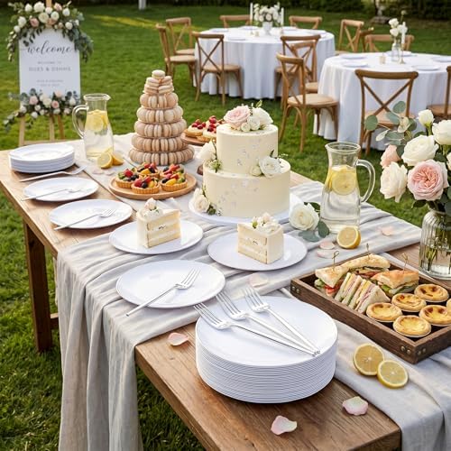 Rubtlamp 100Pcs Plastic Dessert Plates 7.5inch,100Pcs Disposable Silver Forks,White Plastic Plates With Silver Rim, Small Plastic Plates,Dessert Plates With Forks for Appetizer Cake