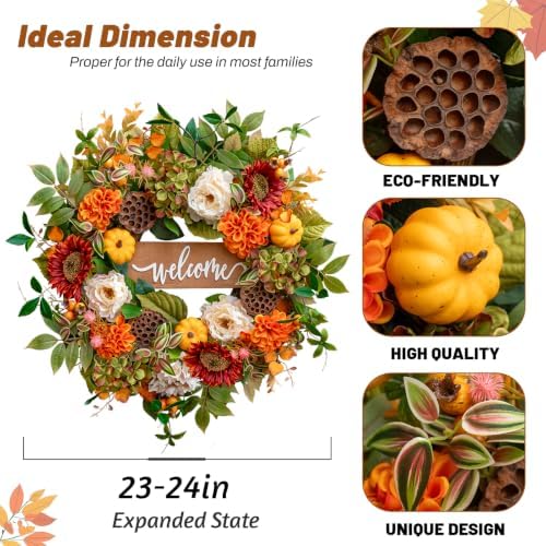 24 Inch Fall Wreaths for Front Door, Autumn Door Decor Thanksgiving Wreaths