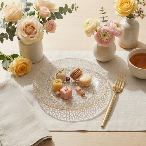 Rubtlamp 200pcs Gold Glitter Plastic Dessert Plates, Hammered 6 Inch Small Plates, Heavy Duty Appetizer Plate with 100 Gold Small Forks, Fancy Cake Snack Plate for Birthday Wedding Teatime
