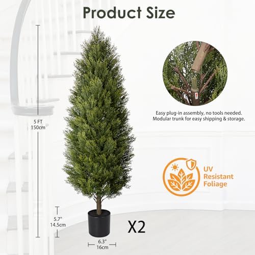 Artificial Cedar Tree Set of 2 – 5ft UV-Resistant Faux Evergreen Potted Tree, Cone-Shaped Decorative Indoor & Outdoor Cedar Tree for Front Porch, Entryway, Patio, Living Room