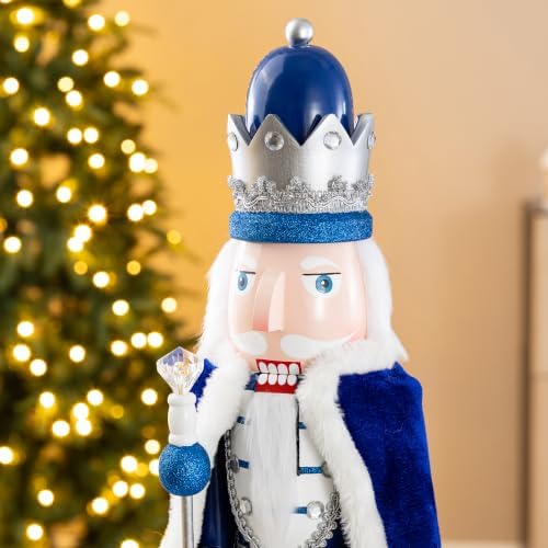 Glitzhome 24" H Wooden Christmas Nutcracker Ornaments Blue King Nutcracker Figurine Christmas Table Decor Traditional Christmas Decor for Tables Desktop Porch Holiday Festive