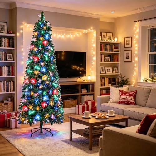 Juegoal 7.5FT Pre-Lit Pencil Christmas Tree with Fiber Optic, 300LED Lights