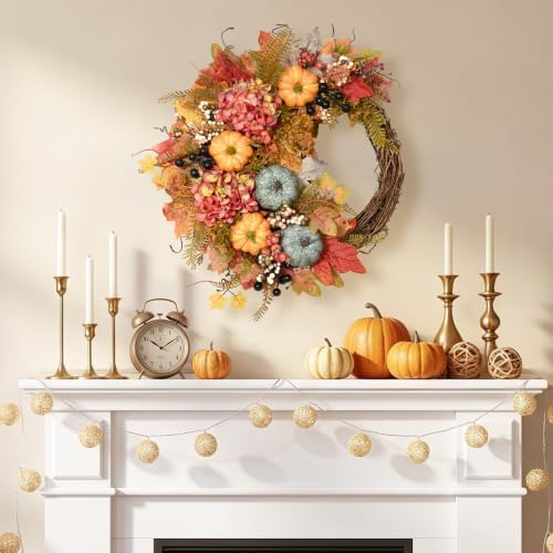 Fall Wreaths for Front Door, Artificial Pumpkin Hydrangea Autumn Wreath