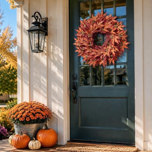 26" Artificial Fall Maple Leaves Wreath for Front Door Decoration (Orange)